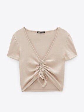 Zara Nude Tan Ribbed Gathered Tie Front Short Sleeve Crop Top